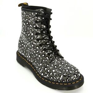 DR MARTENS GUNMETAL 1460 LOUD LEOPARD Leather Lace Up Boots Women’s 8L  27652